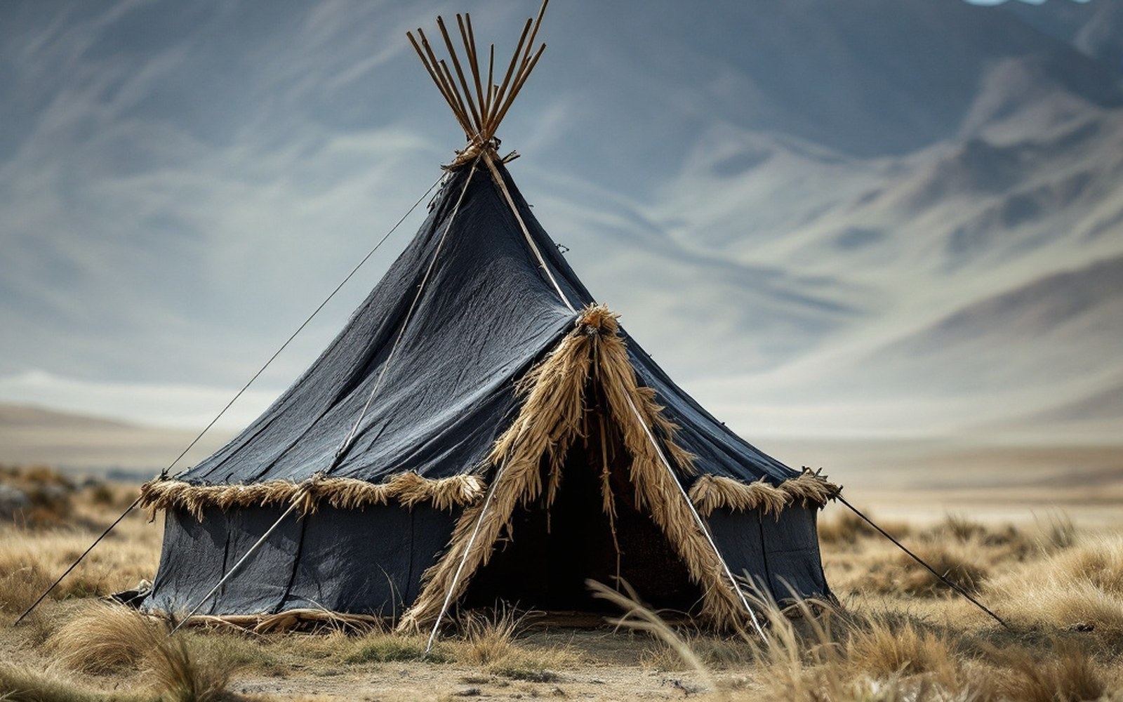 A black tent woven from coarse yak hair pitched on open grassland with guy ropes pegged out, hard daylight