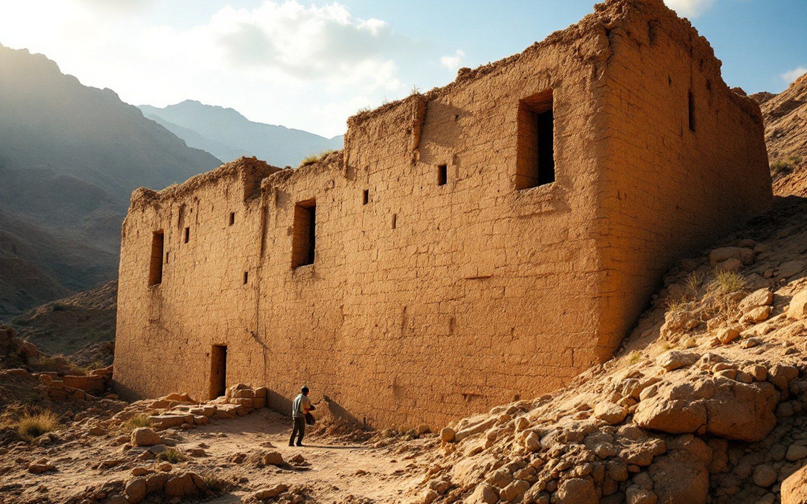 A thick battered earth wall in raking afternoon light with a small deep-set window